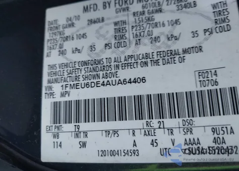 2010 Ford Explorer Xlt z USA, uszkodzony, nr VIN 1FMEU6DE4AUA64406